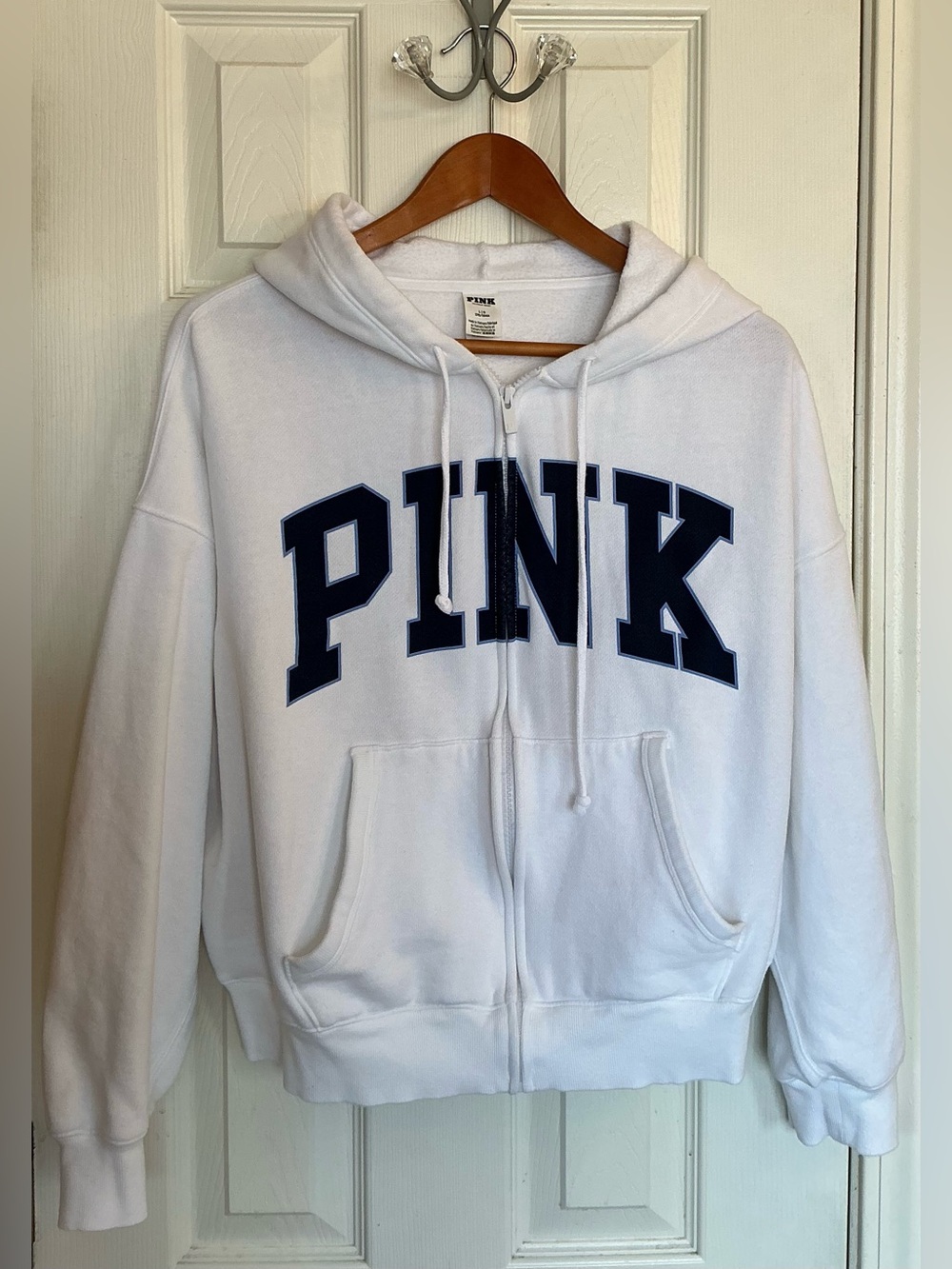 PINK Victoria's Secret White Campus Fleece Full-Zip W/Navy Lettering Size L